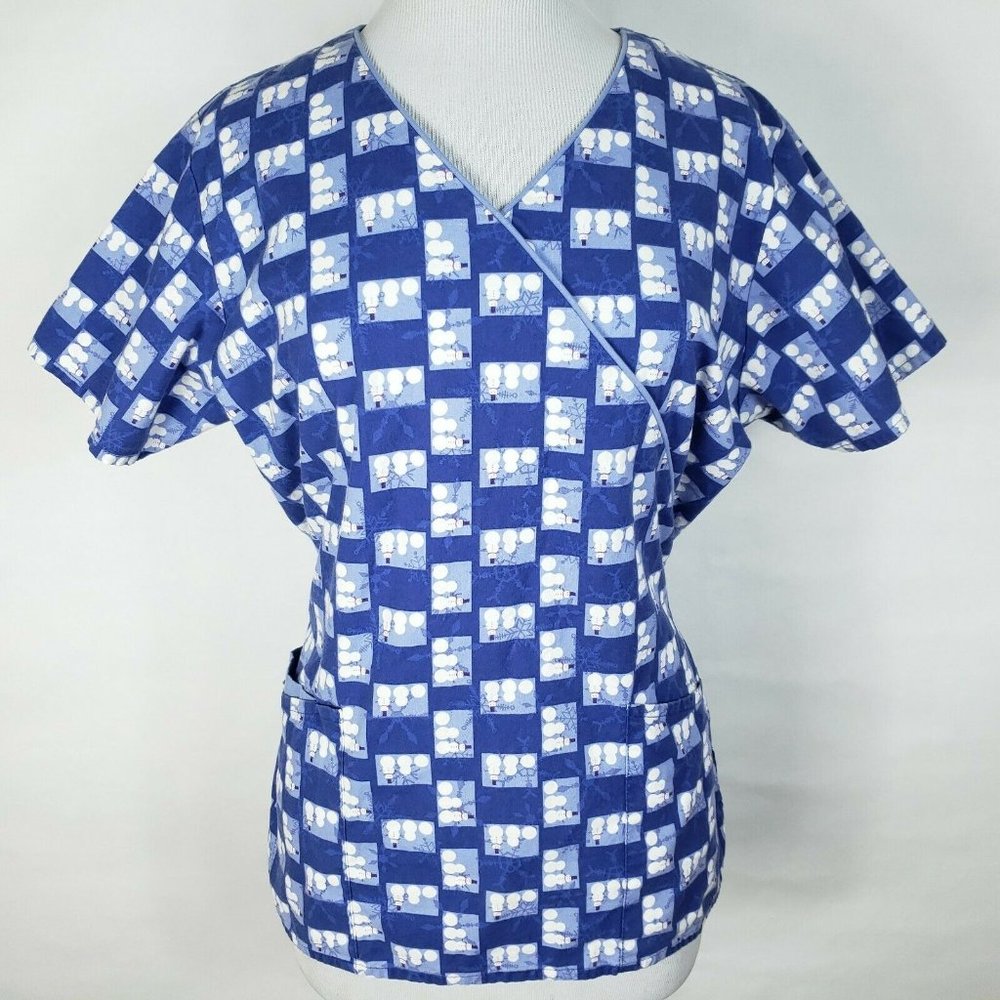 Dickies Blue Snowman Mock Wrap 3 Pocket Scrub Top